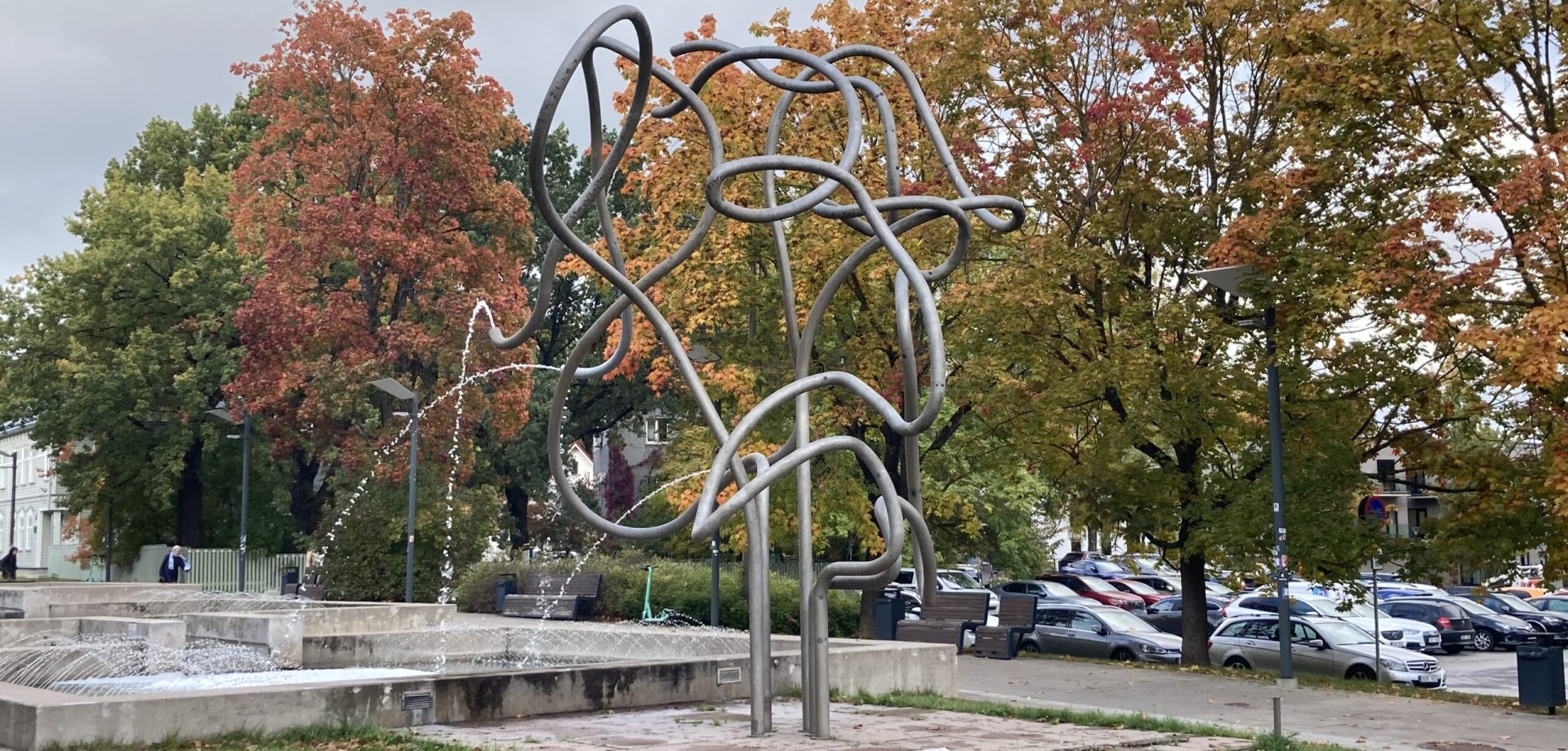 Lotman monument in Tartu, Estonia during fall